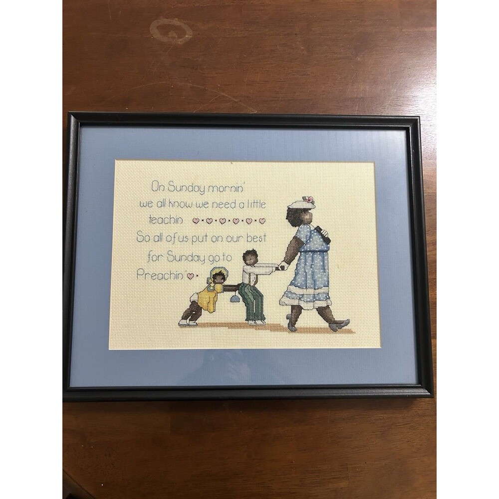 Vtg Black Americana African American Sunday Morning Framed Cross Stitch Church